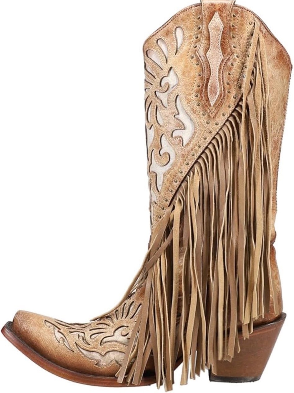 Fringed Tan Western Knee-High Boots - Picture 2 of 4
